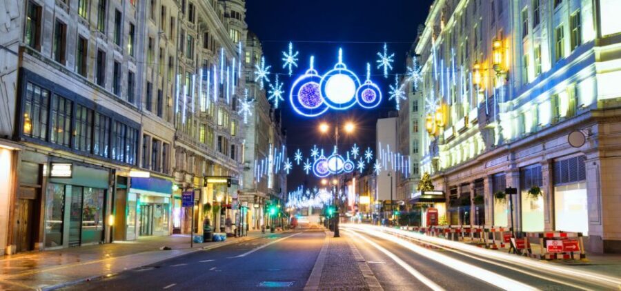 London: Christmas Lights Self Guided Walking Tour - Leicester Square holiday market: lights plus games and food
